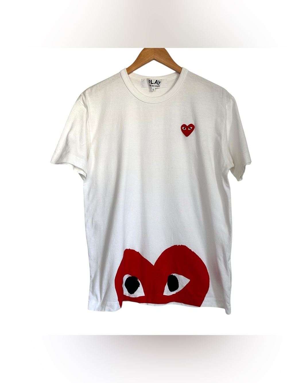Comme des Garcons PLAY Heart Graphic Tee T-Shirt Sz Large White Red Short Sleeve